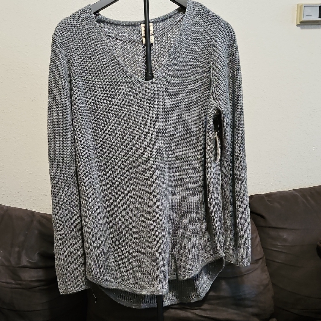 Nwt Faded Glory Gray Marled V-Neck Sweater With Metallic Detail